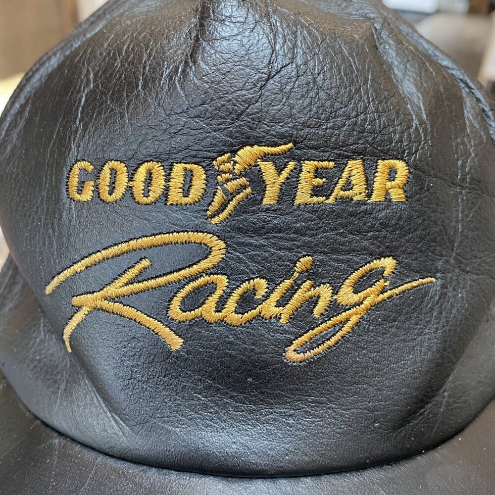 Vtg Good Year Racing Hat Cap LEATHER Embroidered Adjustable One Size RARE - Picture 3 of 10